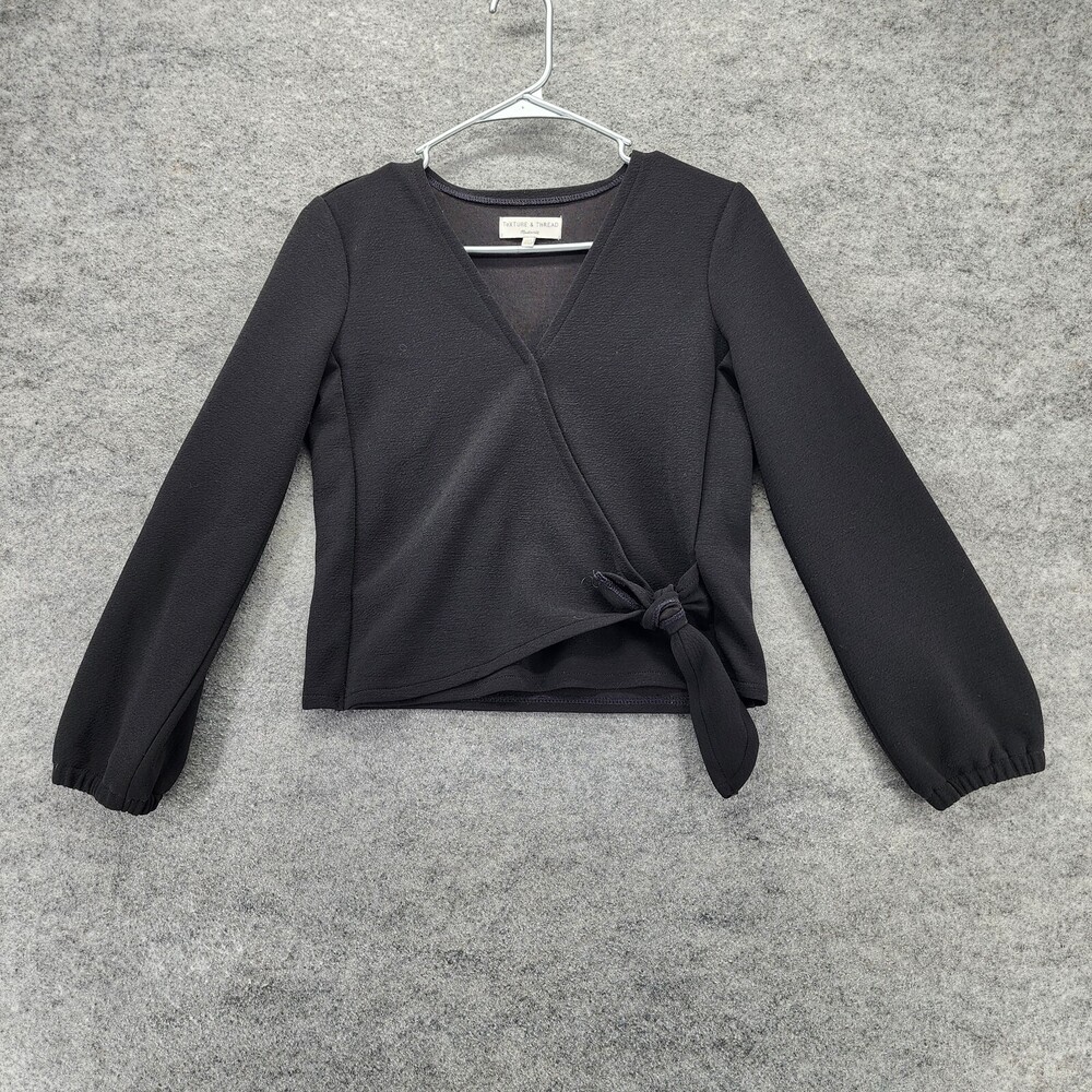 Texture Thread Madewell Top Womens XXS Long Sleeve Black V Neck Cropped